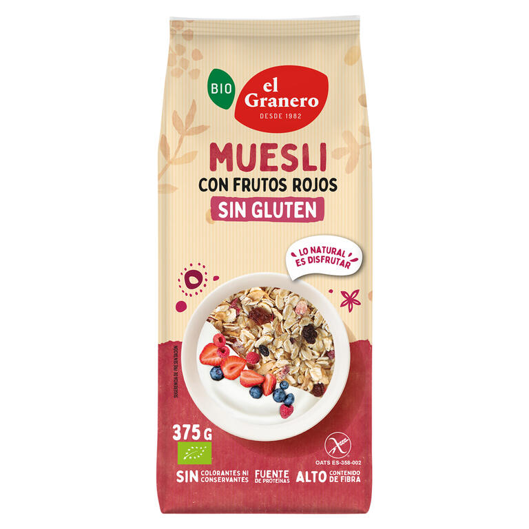 Muesli con Frutos Rojos Sin Gluten Bio, 375 g - El Granero