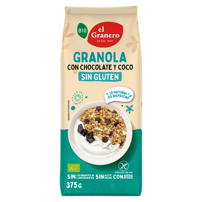Granola con chocolate y coco sin gluten bio de El Granero en bolsa de 350 g
