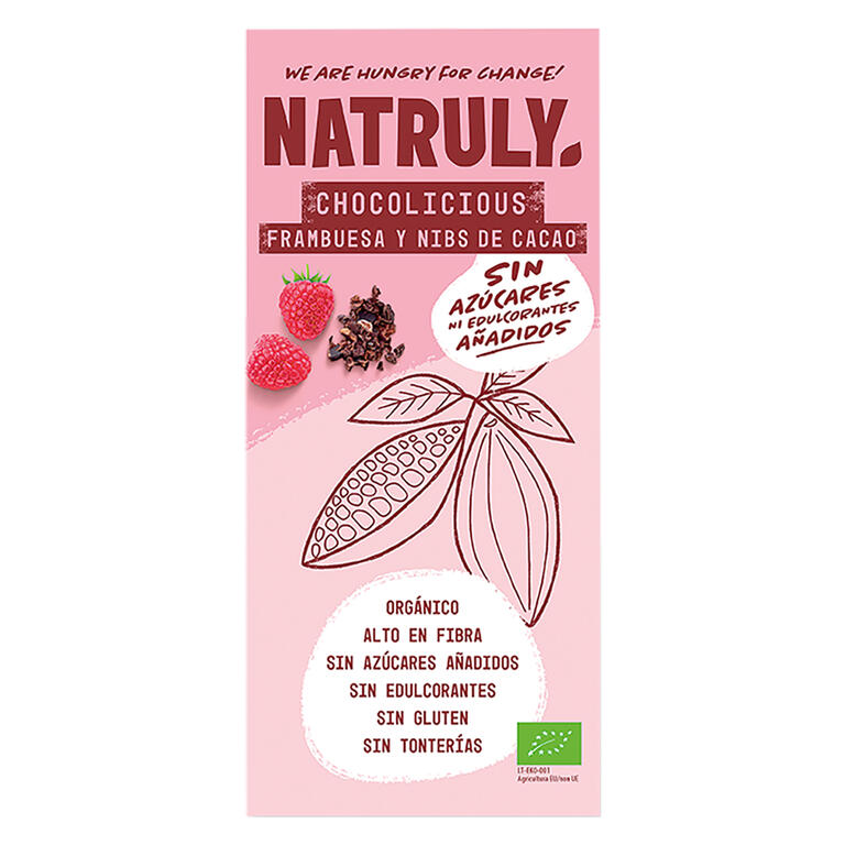 Chocolate con frambuesa y nibs de cacao bio 85 g - tableta con textura crujiente