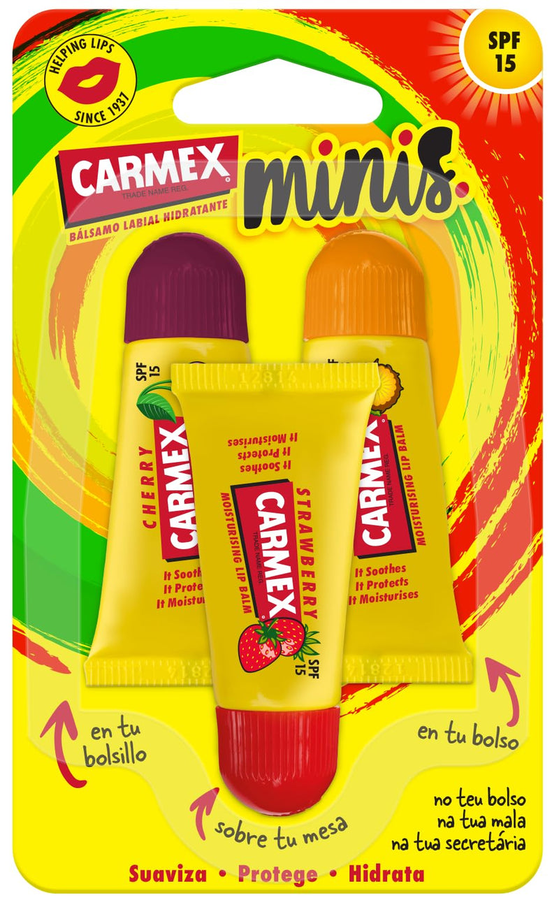 Pack Carmex trío tubos minis 5 g fresa cereza piña